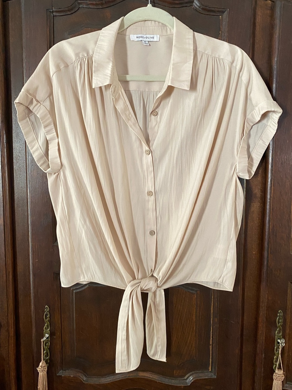 Tan matte satin tie waist button front blouse XL bust apx 24 from Rose + Olive